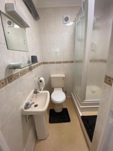 伊斯特布恩Penhale Holiday Flats的浴室配有卫生间、盥洗盆和淋浴。
