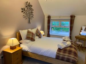 彼得黑德Meikle Aucheoch Holiday Cottage, plus Hot Tub, Near Maud, in the heart of Aberdeenshire的一间卧室设有一张床和一个窗口