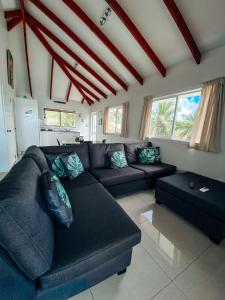 拉罗汤加Ocean Breeze Villa的客厅设有蓝色的沙发和窗户。