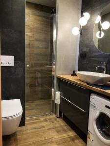比亚韦斯托克Apartament Centrum Bocian的浴室配有卫生间、盥洗盆和洗衣机。