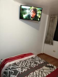 阿雷基帕La Casa de Leonardo YANAHUARA的卧室配有壁挂式平面电视。