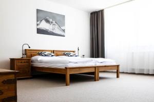 新里斯拉Chalet Nova Lesna Mountain View的一间卧室配有床,还有一座雪覆盖的山