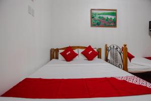 大雅台OYO 741 Sierra Travellers Inn的一间卧室配有红色枕头的床
