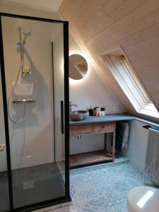 StratendriesB&B Lekker Buiten的带淋浴和盥洗盆的浴室