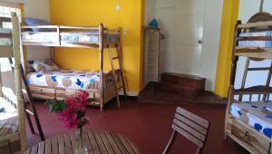 安东尼奥港吉尔麦坎旅舍的一间设有双层床和一张花瓶桌子的房间