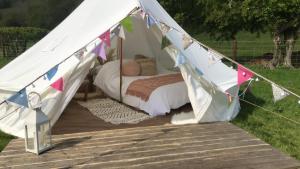 奈顿Panpwnton Farm Bell Tents的田野上带床的白色帐篷