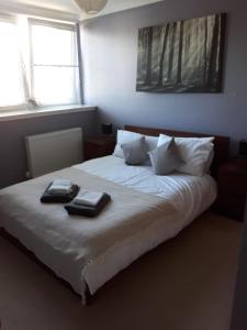 阿伯丁Aberdeen Quiet City Apartment, Ferryhill的一间卧室配有一张床,上面有两条毛巾