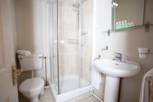 邓坎嫩Fort Conan Hotel的带淋浴、卫生间和盥洗盆的浴室