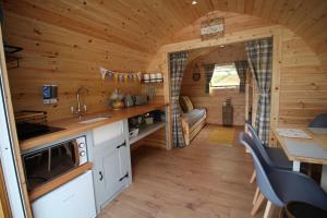 多尔盖罗Glamping Huts in Heart of Snowdonia的小木屋内的厨房和客厅