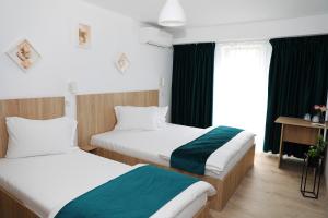 奥尔绍瓦Hotel Dunavis的酒店客房设有两张床和窗户。