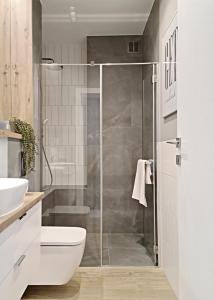 厄尔科APARTAMENTY NADJEZIORNE z tarasem na dachu的带淋浴、卫生间和盥洗盆的浴室