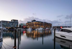 奥克兰Park Hyatt Auckland的码头,在水中和建筑物中设有船只