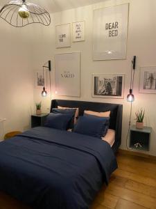 列日Cozy apt w/ king bed great for discovering Liege的一间卧室配有一张带蓝色床单和墙上图片的床。
