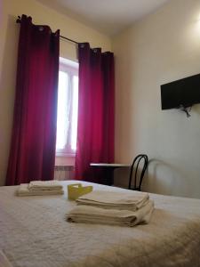菲乌米奇诺Isola Verde Guest House的一间卧室配有一张带粉红色窗帘的床和窗户。