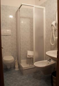 莫尔韦诺Albergo Italia的带淋浴、卫生间和盥洗盆的浴室