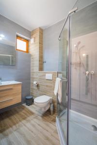 希欧福克Holiday Hotel Siófok的一间带卫生间和玻璃淋浴间的浴室