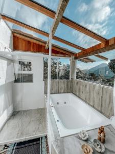 彼得罗波利斯Pousada Quinta das Nascentes的带浴缸和玻璃窗的大浴室