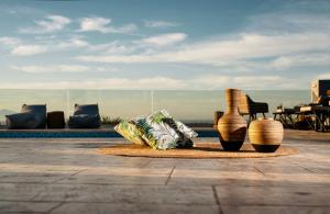 查加基恩Villa Venia的一群花瓶坐在泳池旁的地毯上