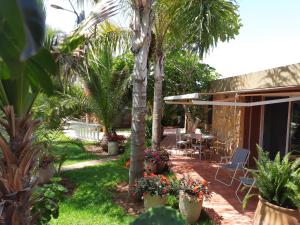 斯希拉特Palmeraie skhirat 2的一个带棕榈树和桌椅的花园
