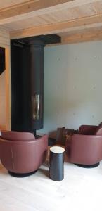 莱斯奥琉斯Chalet Les 5 Sapins的客厅设有壁炉和紫色椅子