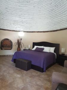 瓜达鲁佩镇Hacienda Eco-Domes的一间卧室配有一张带紫色床罩的床