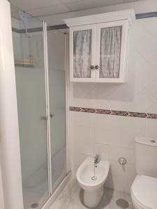 桑卢卡尔-德巴拉梅达Apartamento Nao Victoria的带淋浴和卫生间的白色浴室