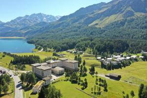 马洛亚Maloja Palace Suites CO2-Neutral的享有湖景和山景的建筑的空中景致