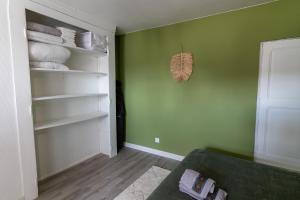 索米尔DUPLEX LE SAINT JEAN的客房设有带绿色墙壁的衣柜和沙发。