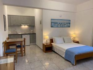 迈洛波塔斯安娜玛丽亚之家酒店的一间带一张床和一张书桌的卧室和一间厨房