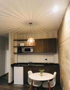 门多萨Excelente Apartamento, a metros del Parque San Martín!的厨房配有白色的桌子和天花板