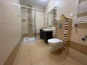 加茨比亚格拉Villa Nord的带淋浴、卫生间和盥洗盆的浴室