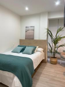 洛斯科拉莱斯-德布埃尔纳Puntos cardinales的一间卧室配有一张大床和盆栽植物