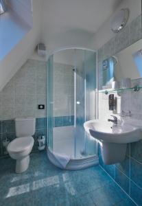 赫任斯科Hotel Mezní Louka的带淋浴、盥洗盆和卫生间的浴室