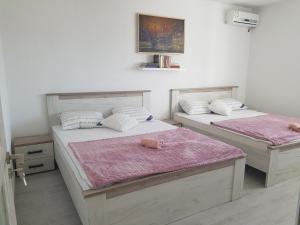 比耶拉Petra的一间卧室配有两张带粉红色床单的床