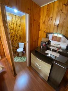 乌鲁比西Recanto do També的一间带卫生间、水槽和镜子的浴室