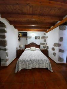 摩亚Vv LOS SENDEROS FONTANALES的石墙客房的卧室配有床