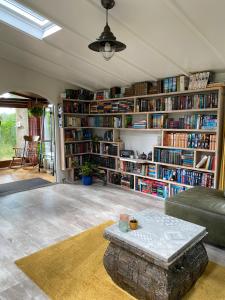 Lage MierdeChalet de kleine Eekhoorn的带沙发和书架的客厅