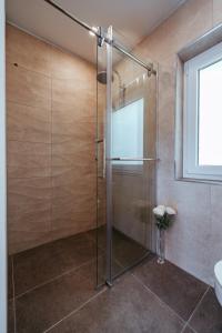 布莱德Apartment Oddih with terrace and private SAUNA的带窗户的浴室内的玻璃淋浴间