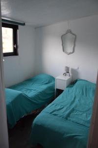 Panzoultbateau du moulin girault的小客房内的两张床,配有绿色床单