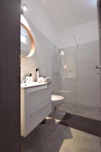 拉贝河畔罗乌德尼采Apartmány Ve stodole的白色的浴室设有水槽和淋浴。