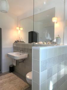 吕本财神别墅旅馆的一间带水槽、卫生间和镜子的浴室