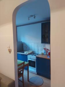 托伦Kamienica Toruń的厨房配有蓝色橱柜、桌子和椅子