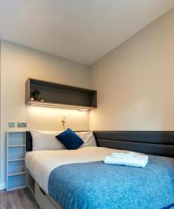 戈尔韦The Westwood Apartments的一间卧室配有一张带蓝色毯子的大床