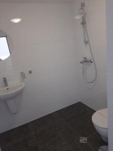 内塞伯尔Hotel Mistral的带淋浴、卫生间和盥洗盆的浴室