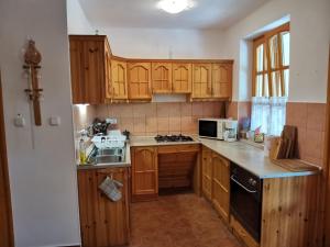 乔保克Éva Apartmanház 2的厨房配有木制橱柜和炉灶烤箱。