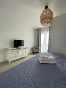 萨瓦拉Exclusive 2 Bedroom Seafront Suite with jacuzzi的一间卧室配有一张带蓝色毯子的床和一台电视。