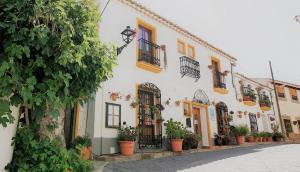 El Pilar y ProvinciasCasona Granado的街道上一排种有盆栽植物的建筑