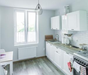 格但斯克Apartament u Basi的白色的厨房配有白色橱柜和窗户