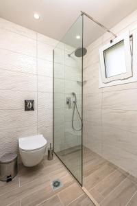 拉加纳斯Breeze Luxury Rooms的一间带卫生间和玻璃淋浴间的浴室