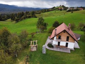 HotedršicaUnique Cottage House With Panoramic View On Ravnik的田野房屋的空中景观